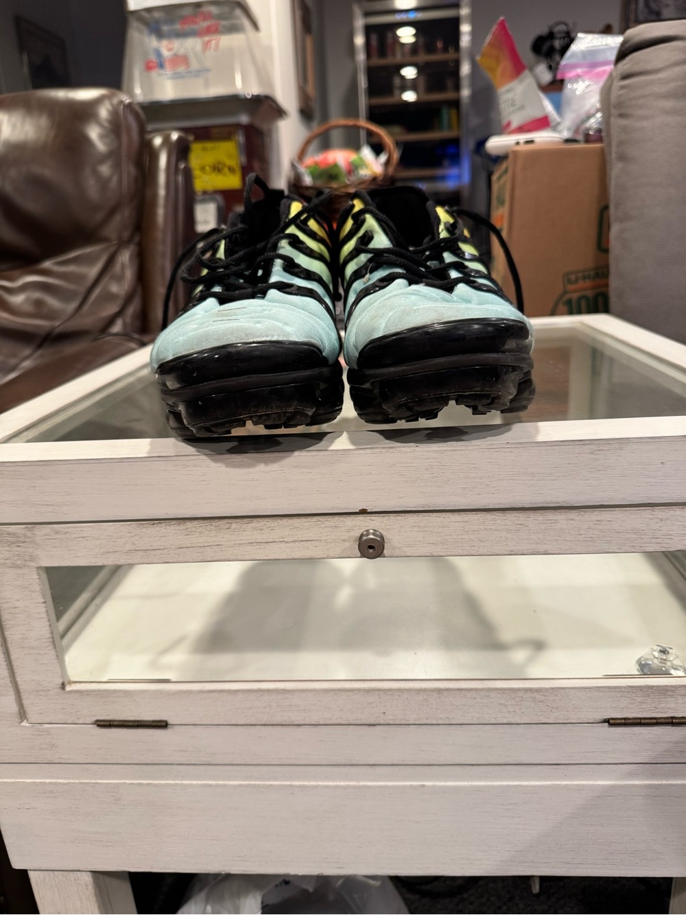 Nike Air VaporMax Plus Light Blue and Black Athletic Sneakers with Neon Yellow